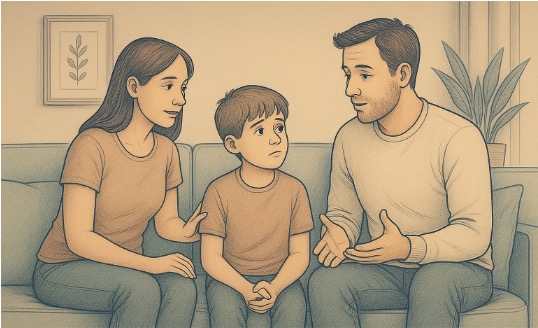 Illustration of parents actively listening and talking openly with their child to support emotional well-being. 