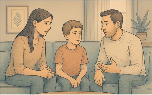 Two parents having an open conversation with their child about mental health while sitting on a couch.