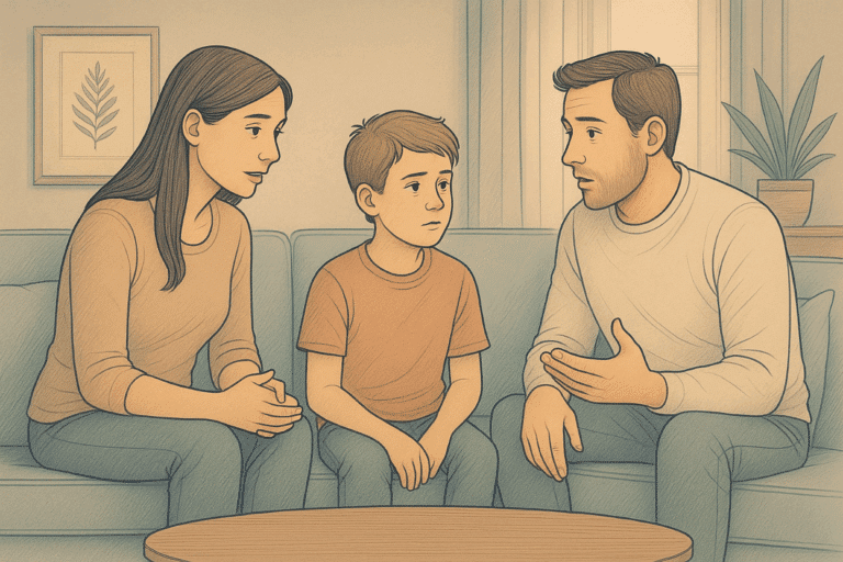 Two parents talking to their child while sitting on a couch