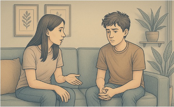 Illustration of a mother and teenage son collaborating together to solve a problem