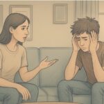 A parent sitting on a couch having a conversation with their teenager with ADHD
