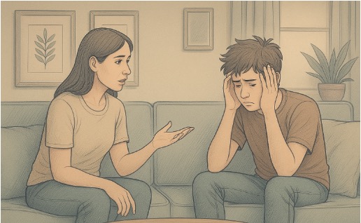 A parent sitting on a couch having a conversation with their teenager with ADHD