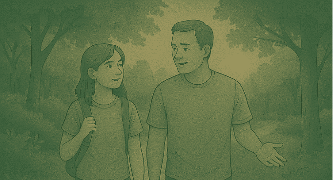 Smiling woman and man walking together outdoors in a natural setting.