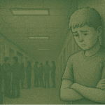 Isolated teenager standing alone in the school hallway