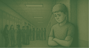 Isolated teenager standing alone in the school hallway