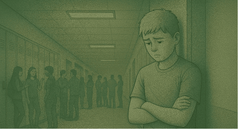 Isolated teenager standing alone in the school hallway