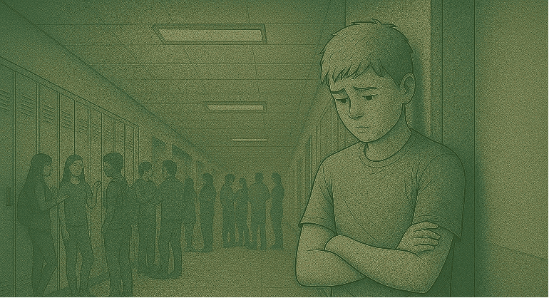 Isolated teenager standing alone in the school hallway