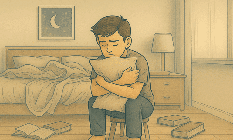 A sad boy sitting on a stool, hugging a pillow in a bedroom with scattered books on the floor