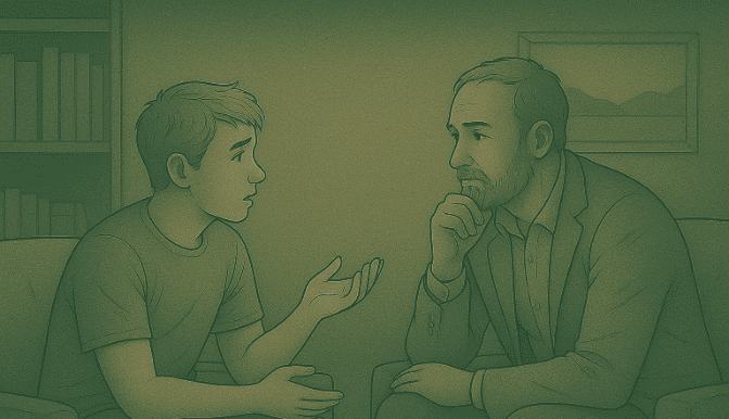 Young person in conversation with therapist in office setting.