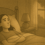 Young woman lying awake in bed at night, staring at the ceiling with a concerned expression
