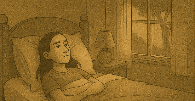 Young woman lying awake in bed at night, staring at the ceiling with a concerned expression