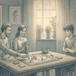 Illustration of a family playing a board game at a table | Mission Prep Healthcare