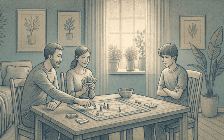 Illustration of a family playing a board game at a table