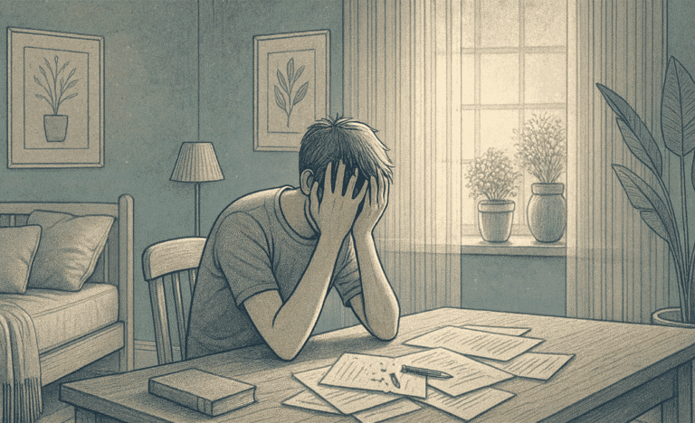 Illustration of a frustrated teenage boy sitting at a desk with his head in his hands