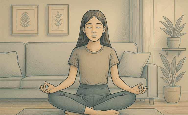 Illustration of a teen practicing yoga on a yoga mat in a living room