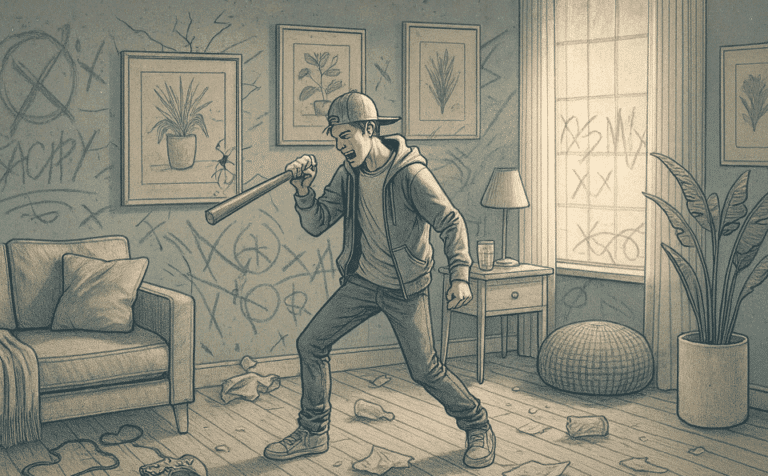 Illustration of an angry teen with a bat in a vandalized room