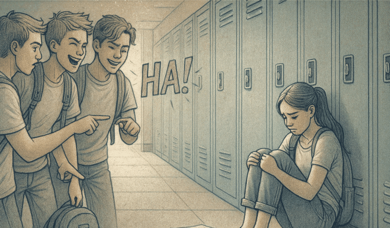 Illustration of three boys bullying and laughing at a sad girl sitting alone in a school hallway by the lockers