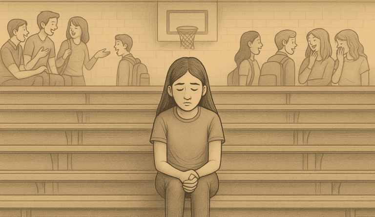 Lonely student sitting alone on gymnasium bleachers while groups of other students socialize nearby
