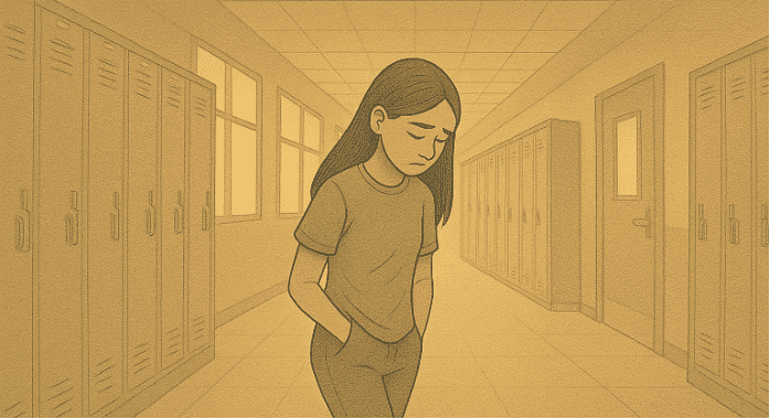 Sad teenage girl walking alone down an empty school hallway lined with lockers.