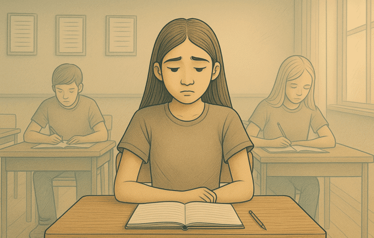 Sad young student sitting at a desk in a classroom with other students working in the background