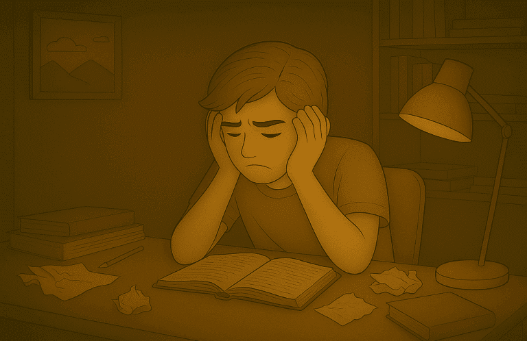 Stressed student holding head in hands while studying at desk
