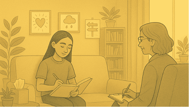 Therapy session with a young woman and a counselor sitting in comfortable chairs.