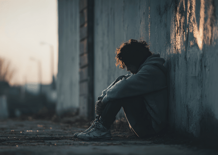 boy sitting with his knees to his chest outside in need of psychodynamic therapy for teens