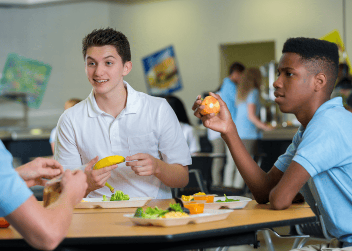teenage boys with adjustment disorder eating lunch as friends