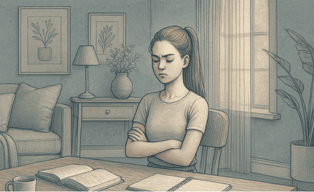 An illustration showing a teenage girl refusing to do homework.