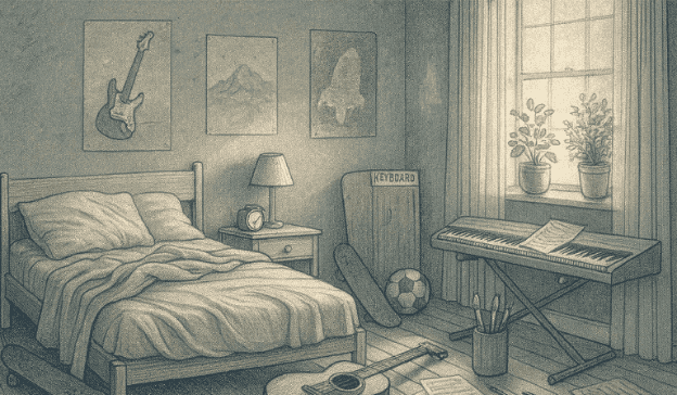 Illustration of a teenager's bedroom with abandoned musical instruments, sports equipment, and art supplies, suggesting a lost interest in previous hobbies.