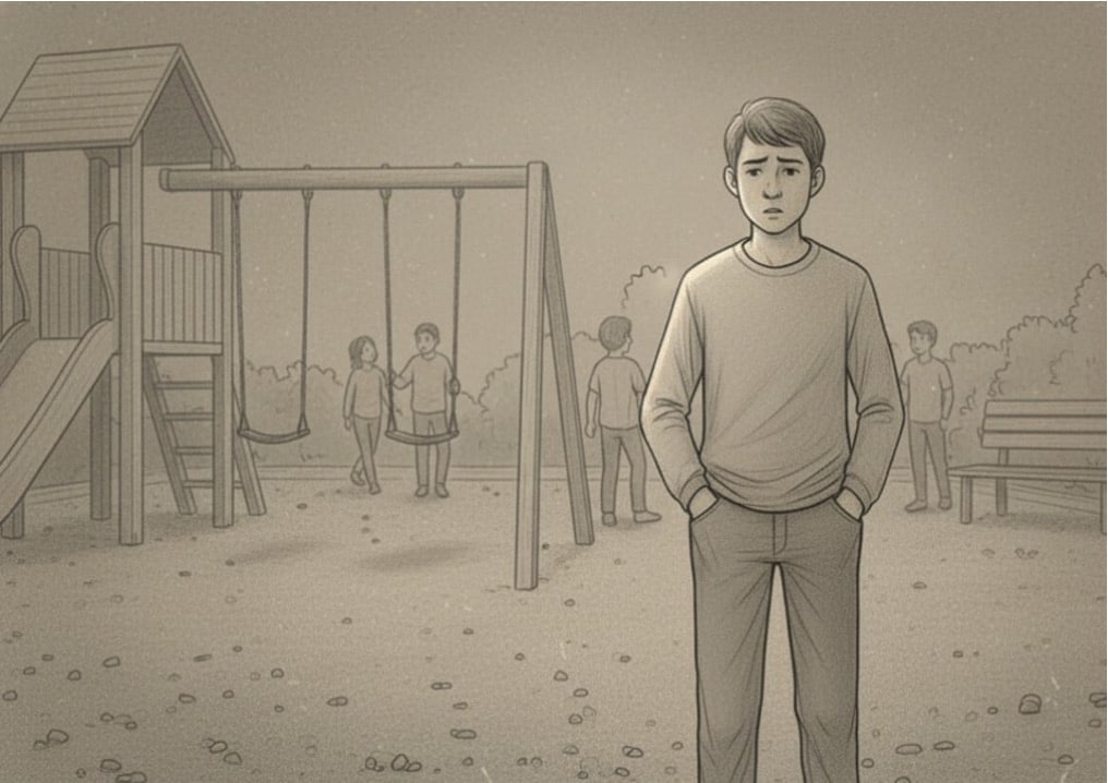 Lonely teen standing apart from children playing on playground equipment.