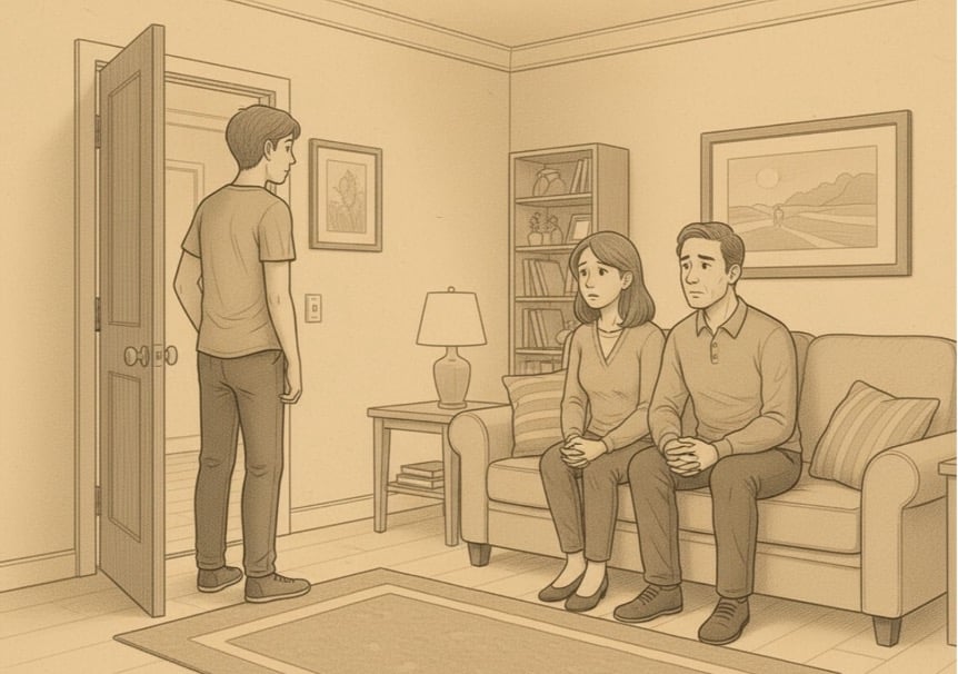 Illustration of a teenager standing near a doorway while parents sit on a couch, looking concerned.