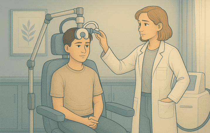 A doctor doing a TMS therapy on a teen.