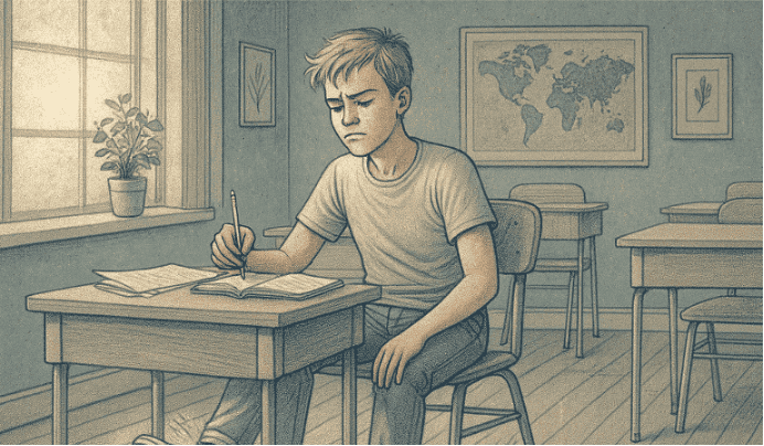 Illustration of a teenage boy in a classroom setting, tapping his pencil, bouncing his leg, and appearing restless while trying to stay seated.