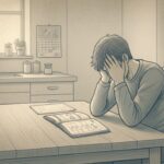 A stressed boy with his head in his hands sitting at the kitchen table.