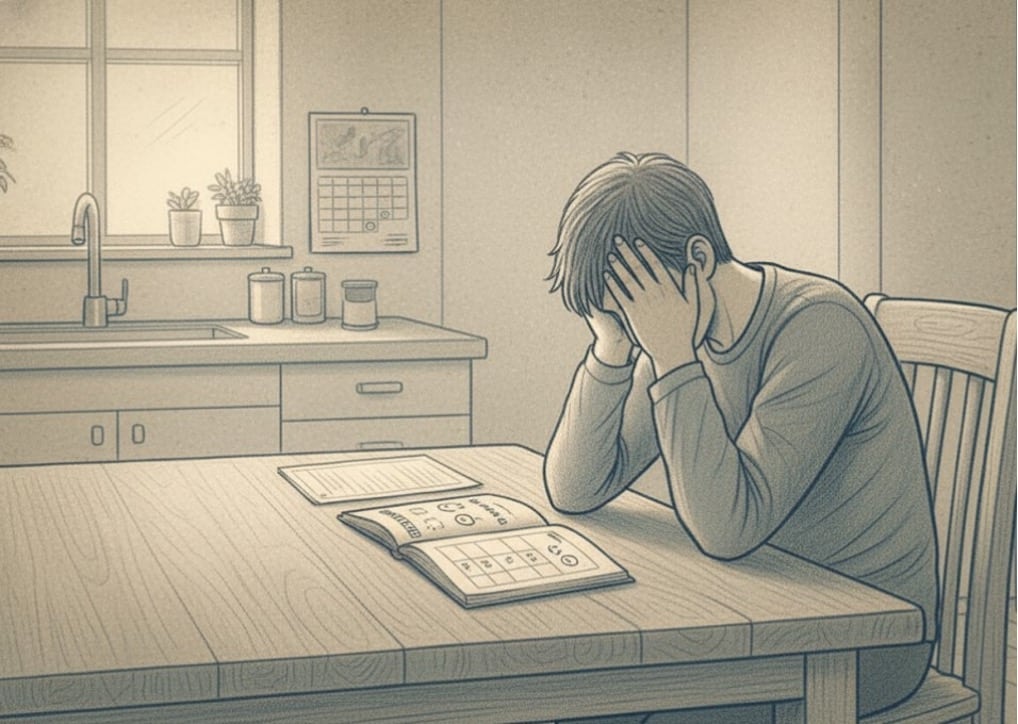 A stressed boy with his head in his hands sitting at the kitchen table.