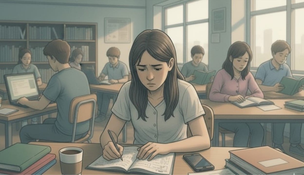 Young woman concentrating while writing in a notebook at a desk in a busy study space.