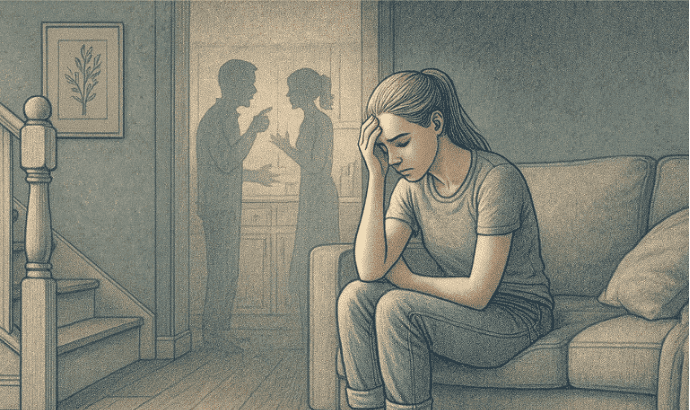 Illustration of a distressed young woman sitting on a couch with her head in her hand, while shadowy figures of two adults arguing are seen in the background.