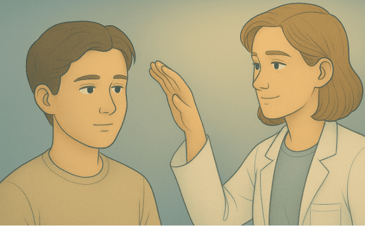 Therapist guiding the teenage boy for eye movements.