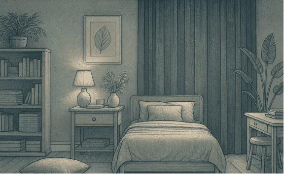 A serene teenage bedroom setup showing blackout curtains, comfortable bedding, a small plant, and an organized space that promotes restful sleep.
