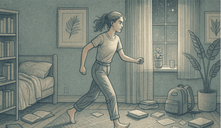 A teenager pacing around their room, unable to settle down, with scattered books and belongings showing their restless energy.