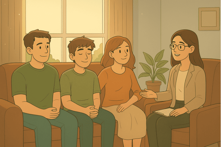 Family therapy session with three family members sitting with the therapist.