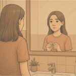 Woman standing in front of bathroom mirror looking at her reflection worried.