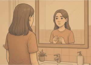 Woman standing in front of bathroom mirror looking at her reflection worried.
