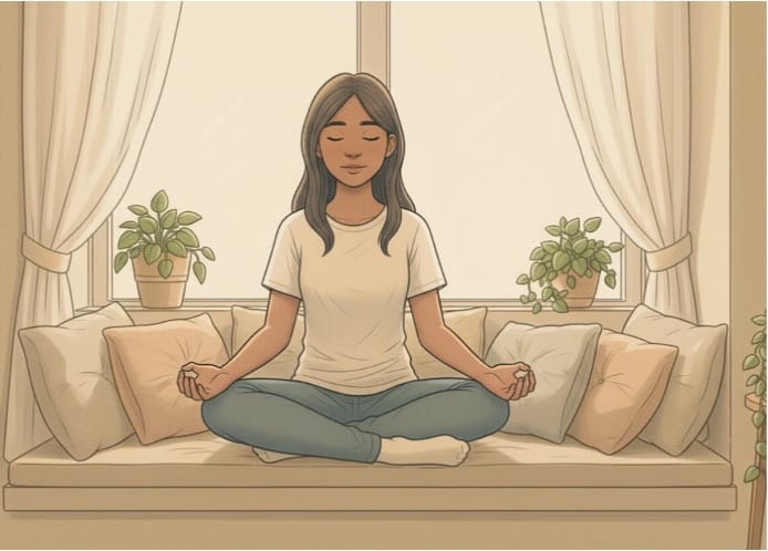 Woman sitting cross-legged on couch in meditation pose with eyes closed.