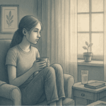 Illustration of a teenage girl sitting by a window looking contemplative, with soft natural lighting, representing the emotional experience of depression and the hope for recovery.