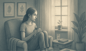 Illustration of a teenage girl sitting by a window looking contemplative, with soft natural lighting, representing the emotional experience of depression and the hope for recovery.