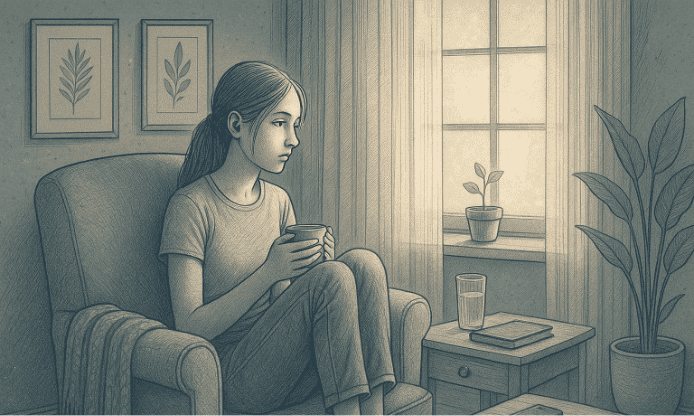 Illustration of a teenage girl sitting by a window looking contemplative, with soft natural lighting, representing the emotional experience of depression and the hope for recovery.