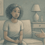 Illustration of a teen girl fidgeting during a conversation, representing a type of presentation of ADHD.