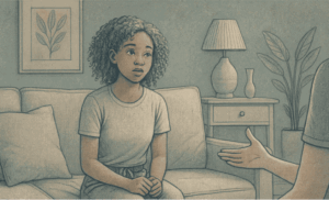 Illustration of a teen girl fidgeting during a conversation, representing a type of presentation of ADHD.